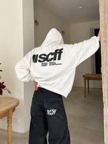 هودي قصير بقصة صندوقية بلون أصفر مع رسومات من VISCTF، سويت شيرت رمادي بطباعة خلفية للجنسين، بلوفر كاجوال بأسلوب الشارع مع حبل سحب - أبيض - مشاهدة 7
