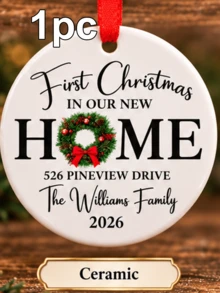 Custom Round First Christmas New Home Ornament, Elegant Wreath Family Name Decor, Personalized Address & 2026 Christmas Tree Decorations, Customized Text Wall Hanging For Holiday Party Supplies, Customizable Housewarming Keepsake Christmas Gift - Style C - View 9