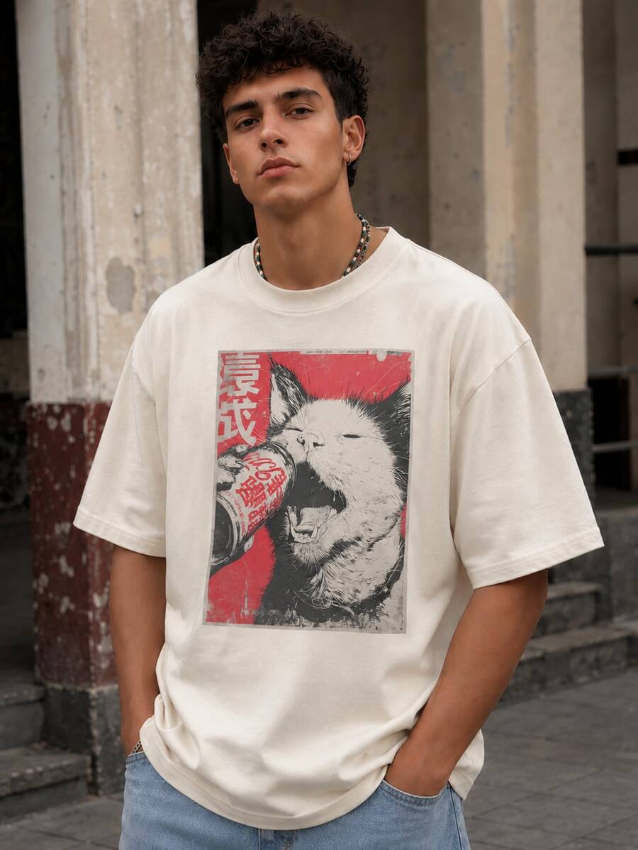 Fractyr Men's Fashionable Printed Loose Short Sleeve T-Shirt | Exquisite Design | Cat Element | Summer Essential | Easy To Match, Showcase Your Unique Style - Apricot - View 1