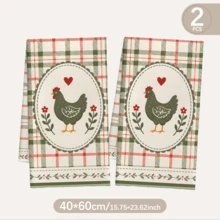 MEMNUN 2 Pcs Country Style Red & Green Plaid Hen Print Kitchen Towels Dish Cloths, Ultra-Fine Microfiber Polyester Material, Home Decor Hand Towels Hanging Cloths For Restaurant Kitchen, Home Decor And Gift Giving, 40*60cm/45*70cm - Multicolor - View 3