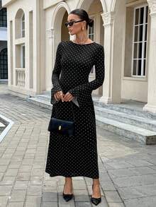 Women's Black And White Polka Dot Dress, Autumn Vintage Elegant Sexy Round Neck Flare Sleeve Backless Casual Dress, Suitable For Evening Party, Party And Other Occasions - Black - View 6