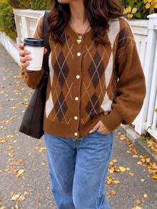 Women's Plus Size Diamond Quilted Cardigan, Casual Autumn/Winter - Brown - View 6