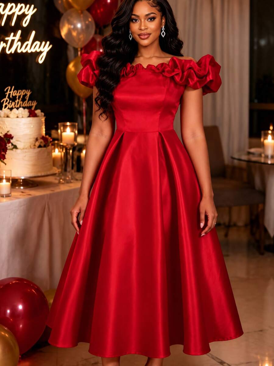 AOMEI Women's Princess Style Cream Red Pleated Off-The-Shoulder 3D Ruffle A-Line Dress For Birthday Party And Prom