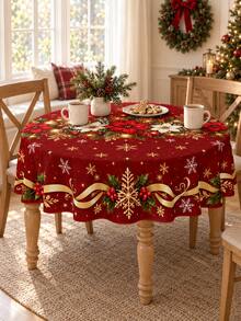 1pc Rectangular, Round, Oval Red & Gold Christmas Tablecloth, Red & White Poinsettia, Decorative Ball & Snowflake Print, Ribbon Border Design, Suitable For Dining Room, Kitchen & Holiday Party Decoration - A - View 1