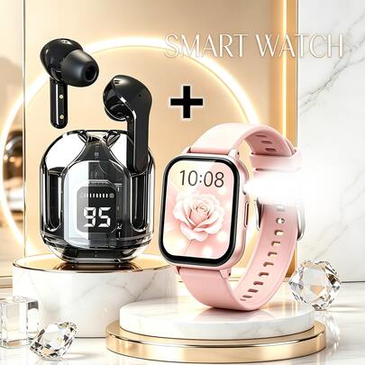ZhiKexing Smart Sports Watch + Wireless Earbuds Combo Set, 1.83-Inch HD Display, 260mAh Battery With LED Light, Supports Wireless Calling, Music Playback, Message Notifications, Multifunctional Sports Watch With Calculator, Alarm Clock And More, Compatible With Android And IOS Systems, Fashionable And Modern Design, Ideal Gift For Men, Women, Couples Or Parents