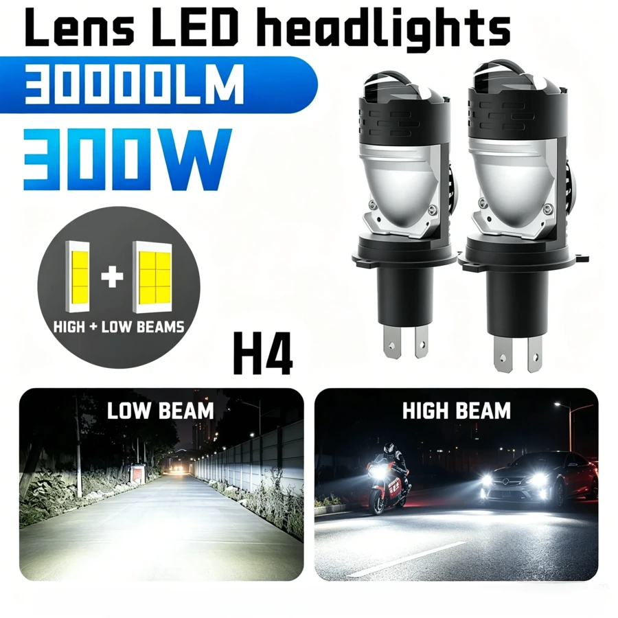 H4 Motorcycle/Car Projector Lens LED Headlight Bulb 300W Canbus Turbo 6000K H4 High/Low Beam Fog Light LED Diode Plug And Play 12V 24V