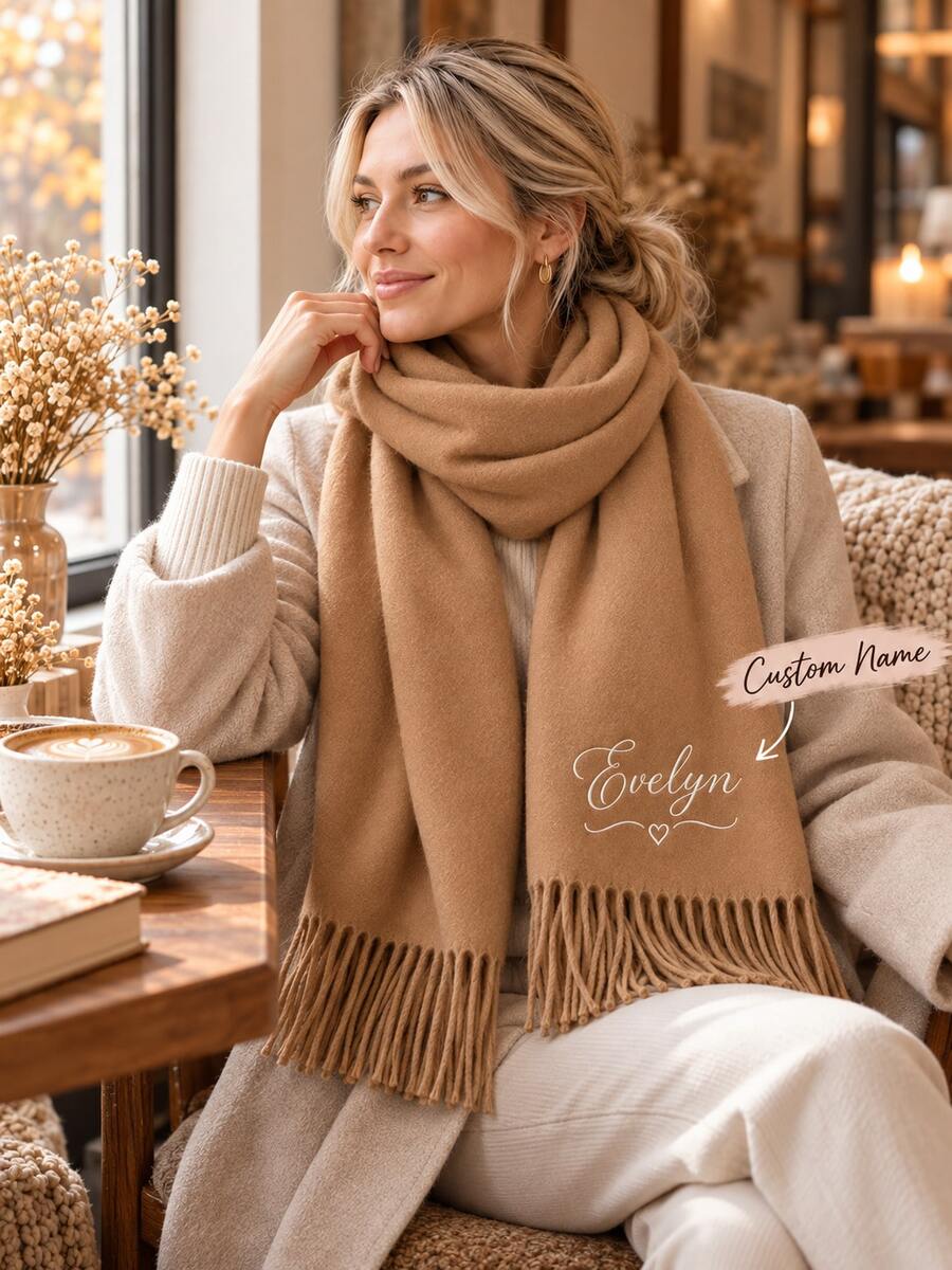 1pc Customized Name Scarf, Women's Customized Shawl, Shawl With Printed Name, Letter Combination Cashmere Scarf, Exquisite Scarf, Handwritten Text Scarf, Printed Cashmere Shawl, Customized Text, Personalized Gift, Soft And Comfortable Shawl, Oversized Scarf, Evening Dress Shawl And Scarf - Multicolor - View 1