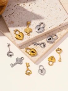 Stainless Steel Heart Padlock & Key Charms, Gold Tone Vintage Love Lock Key Pendants, DIY Jewelry Making Supplies For Bracelet Necklace Earring Craft - Lock - View 2