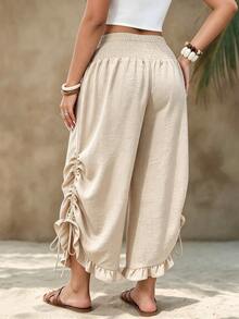 Plus Size Women's Bohemian Style Cropped Wide Leg Pants, Elastic Waistband With Knot Pocket And Ruffle Hem, Loose Fit Long Pants - Apricot - View 2