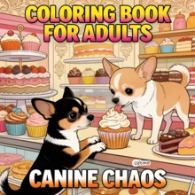 Canine Chaos 2027 新主題著色書，20*20cm 正方形格式，粗輪廓線條，易於著色。共 24 頁，兩隻可愛的吉娃娃在甜點店玩耍，各種杯子蛋糕和甜點，柔和可愛的藝術風格。適合 14+ 青少年休閒與紓壓，獨特的創意著色禮物 - XJ-673.小狗與蛋糕著色書 - 查看 12
