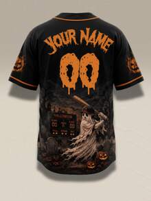 Custom Halloween Baseball Jersey Personalized Name Number Spooky Ghost Pumpkin Graphic Button Down Shirts - Black - View 3