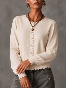 Women's Scallop Edge Button-Front Knit Cardigan Long Sleeve Basic Top, High Stretch Sweater For Fall And Winter - Apricot - View 3
