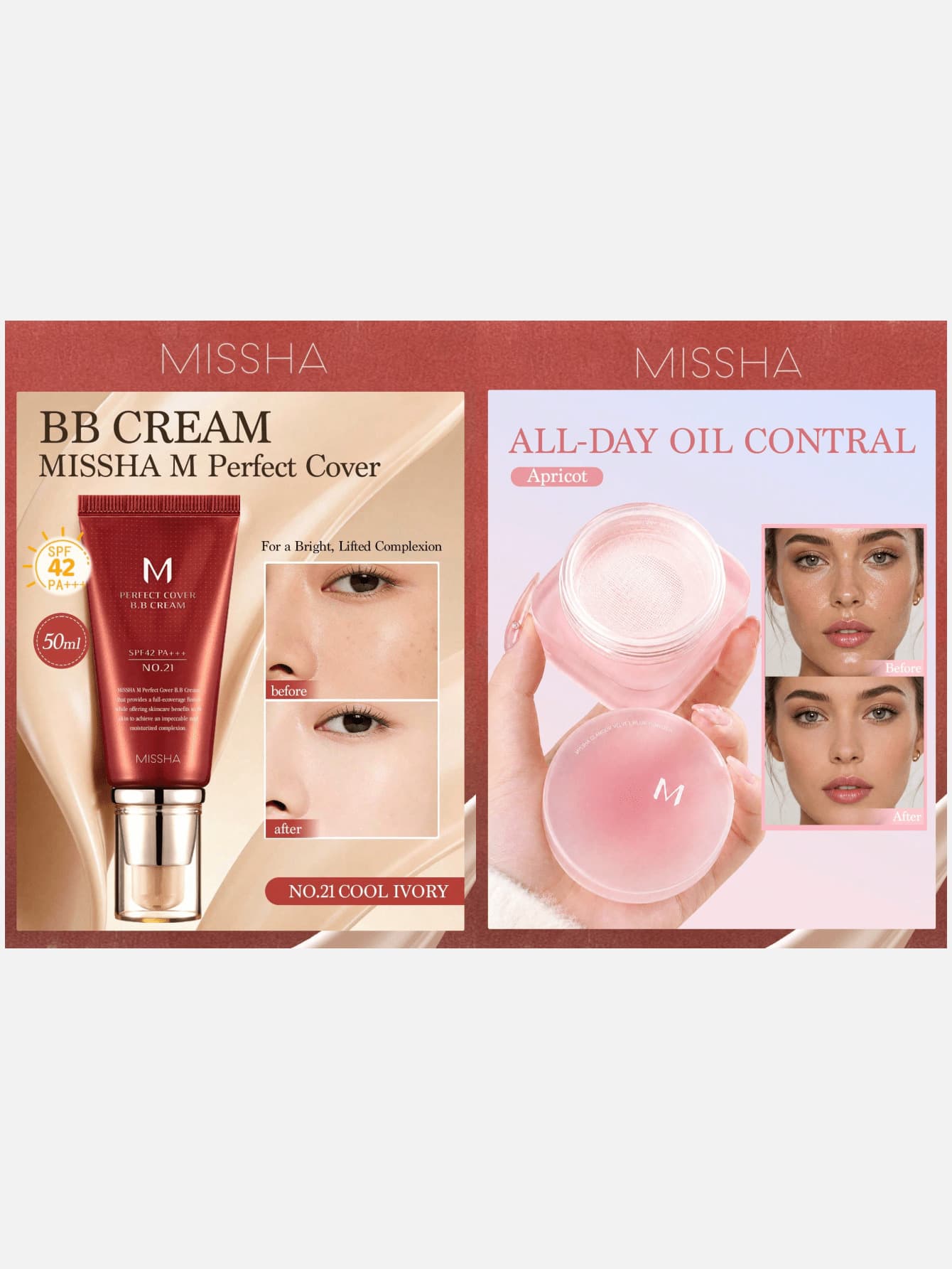 Missha M 2Pcs Face Makeup Set: Perfect Cover BB Cream SPF42 (50ml) & Oil-Control Setting Powder, Full Coverage & Long-Lasting Natural Finish Kit - NO.21+Apricot - View 1