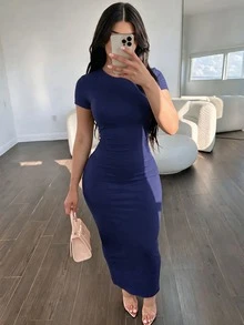 Unadoll Women's Round Neck Short Sleeve Ruched Fitted Dress, Elegant Navy Blue Bodycon Dress, Summer Style - Navy Blue - View 1