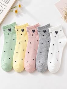 5 Pairs Women's 5-Color Heart & Polka Dot Short Socks, Sweet Versatile Casual Spring/Autumn Socks - Multicolor - View 3