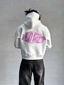 NOLIMIT Pink Embroidered Hoodie, Back Graphic Boxy Unisex, White Vintage Streetwear Casual Drawstring Sweatshirt - White - View 1