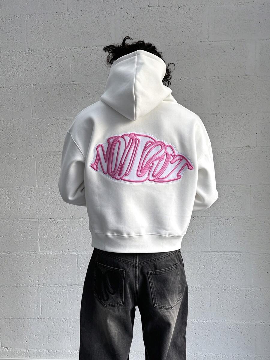 NOLIMIT Pink Embroidered Hoodie, Back Graphic Boxy Unisex, White Vintage Streetwear Casual Drawstring Sweatshirt - White - View 1