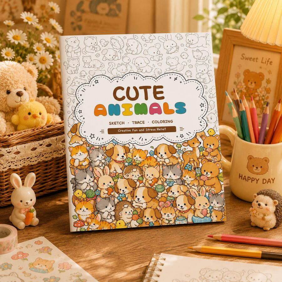 Cute Animals Sketch Trace & Coloring Activity, Puppies Cats Rabbits ...