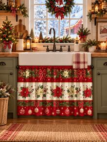 1pc Christmas Kitchen Curtain Set, Red Bow Decor Printed Window Valance Sink Curtain, Winter Holiday Kitchen Sink Window Decoration, Christmas Home Decor - Multicolor - View 12