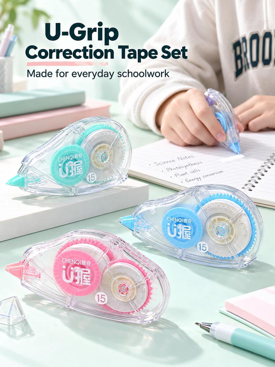 3/6pcs U-Grip Quick Correction Tape Set, 15m Each Large Capacity Portable White Out Tape, Smooth Correction Roller For Students, Homework, Office Workers, School Supplies & Office Stationery - Multiple Options Available - View 1