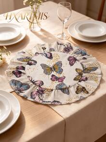 HXARTMIS 4/6/12/24/36PC Vintage Butterfly Print Round Scalloped Edge Placemats, Washable Heat-Resistant Table Mats, Suitable For Home, Party Decoration Dining Table Mats - Beige - View 2