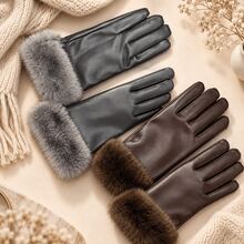 1 Pair Women's 2-Color Leather-Texture Full-Finger Gloves, Soft Faux Fur Cuff Design, Elegant Autumn/Winter Fashion Accessory, Suitable For Commuting, Driving And Daily Wear - Multicolor - View 5