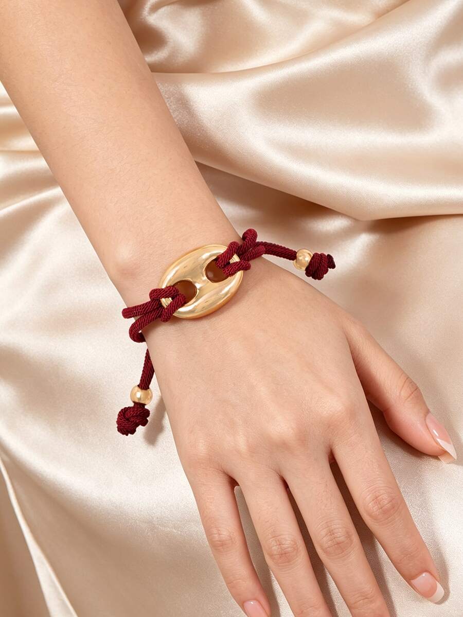 1pc Burgundy Knot Adjustable Bracelet, Minimalist Metal Oval Buckle With Braided Rope, Vintage Style Adjustable Drawstring Wrist Accessory, Suitable For Daily Wear, Date, Casual Outfits - Multicolor - View 1