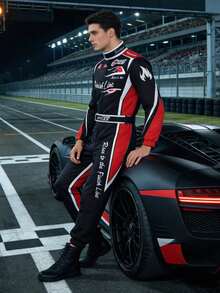 Black & Red Contrast Racing Theme Jumpsuit, Personalized Print Motorcycle Style Long Sleeve Set, Unisex Halloween Cosplay Racing Driver Costume, Zipper Waist Cinched Cuffed Performance Outfit, Carnival Theme Party Role Play Atmosphere Outfit - Multicolor - View 3