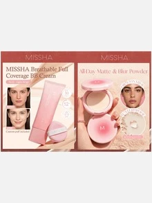 Missha M 2Pcs Flawless Base Makeup Set: Full Coverage BB Cream & Pore-Blurring Setting Powder, Long-Lasting Oil-Control Complexion Bundle - No.21 - Light Beige+Bright Skin Tone - View 1