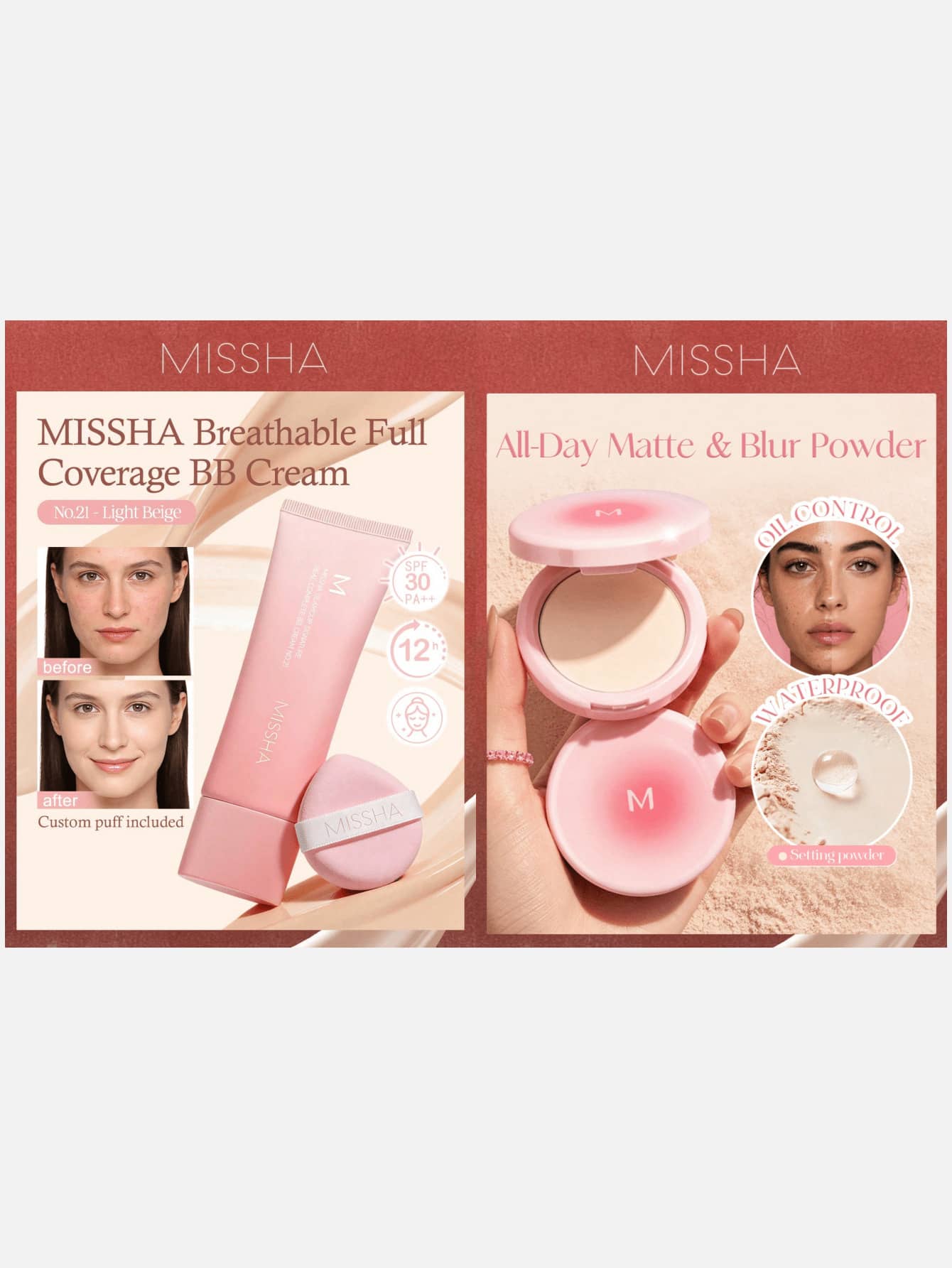 Missha M 2Pcs Flawless Base Makeup Set: Full Coverage BB Cream & Pore-Blurring Setting Powder, Long-Lasting Oil-Control Complexion Bundle - No.21 - Light Beige+Bright Skin Tone - View 1