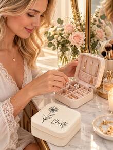 8pcs Customized Handwritten Name Line Daisy Rose Tulip Design Jewelry Box, Fashionable Women's Gift Artificial Leather Multi-Compartment Portable Earring Ring Storage Organizer With Zipper, Suitable For Travel, Camping, Holidays, Mother's Day Gift, Birthday Gift - Multicolor - View 7