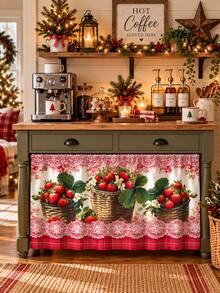 1pc Cute Country Style Kitchen Curtain Set, Strawberry Basket Lace Trim Printed Window Valance Sink Curtain, Rustic Home Kitchen Window Decor - Multicolor - View 2