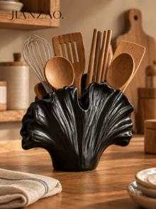 1pc Wabi-Sabi Style Ginkgo Leaf Tableware Storage Rack, Black Spotted White Multi-Compartment Utensil Holder, Large Capacity Chopsticks Spoon Fork Storage Bucket, Rustic Farmhouse Kitchen Countertop Decor Gift - Ins-style Tableware Organizer - View 6