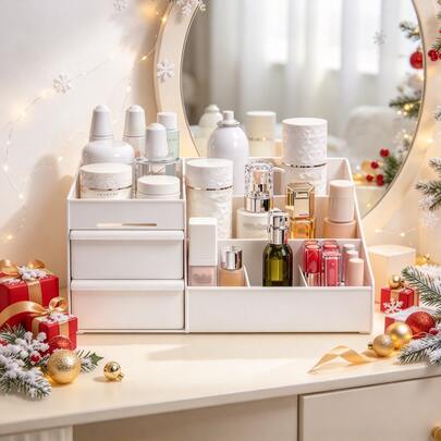 Drawer-Style Cosmetic Storage Box, Made Of White PP Material, Multi-Functional Cosmetic Organizer, Suitable For Dressing Tables, Desks, Dormitories, Apartments, As A Christmas Or Halloween Gift.