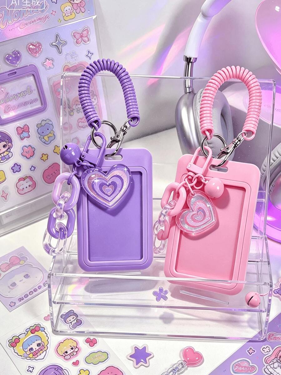 Cute Heart Shaped ID Card Holder With Detachable Slide Cover Clear ID Windo,Retractable Coil Spring Lanyard, For Student ID, Meal Card, Work Pass - Multicolor - View 1