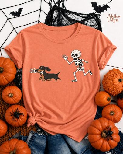 Women's Casual 2026 Halloween Skeleton & Dog Graphic Brown Round Neck Short Sleeve T-Shirt Top Regular Fit Soft Fabric Tee For Fall Trick Or Treat