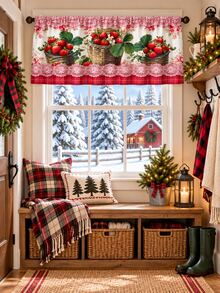 1pc Cute Country Style Kitchen Curtain Set, Strawberry Basket Lace Trim Printed Window Valance Sink Curtain, Rustic Home Kitchen Window Decor - Multicolor - View 6