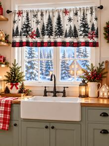 1pc Vintage Country Christmas Kitchen Curtain Set, Distressed Snowy Pine Tree & Poinsettia Snowflake Print Window Valance And Sink Curtain, Winter Kitchen Window Decor - Multicolor - View 9