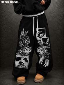 Men's Black Gothic Pattern Double Waistband Loose Sweatpants, Y2K Street Style, Suitable For Daily Wear, Party And Hip-Hop Street Looks - Black - View 1