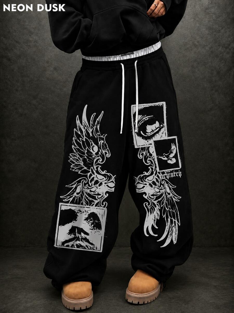 Men's Black Gothic Pattern Double Waistband Loose Sweatpants, Y2K Street Style, Suitable For Daily Wear, Party And Hip-Hop Street Looks - Black - View 1