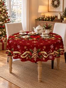 1pc Rectangular, Round, Oval Red & Gold Christmas Tablecloth, Red & White Poinsettia, Decorative Ball & Snowflake Print, Ribbon Border Design, Suitable For Dining Room, Kitchen & Holiday Party Decoration - A - View 8