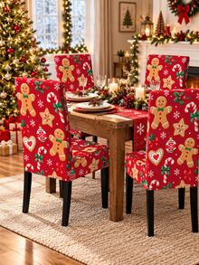 Christmas Dining Chair Cover Set, Red Gingerbread Man, Candy Cane, Cookie, Snowflake Print, For Dining Room, Kitchen, Christmas Party, Home Decor - Red - View 6