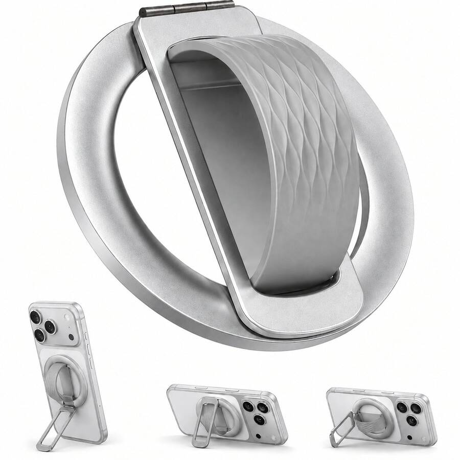 1pc Rotatable Foldable Aluminum Alloy Magnetic Phone Ring Holder, Multi-Angle Adjustable Non-Slip Handle Desktop Phone Stand - Silver - Silver - View 1