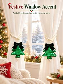 Christmas Tree Bow Curtain Tiebacks, Sequin Holiday Curtain Tie Ropes With Pearl Decoration, Decorative Curtain Clasps For Sheer Curtains And Fabric Drapes, Suitable For Bedroom, Living Room And Holiday Home Decor - Multicolor - View 1