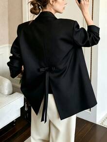 Women Solid Notch Lapel Long Sleeve Blazer - Back Bow Split Loose Suit Jacket, For Office, Daily Commute & Casual Occasions, Four Seasons Wear - Black - View 2