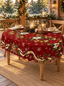 1pc Rectangular, Round, Oval Red & Gold Christmas Tablecloth, Red & White Poinsettia, Decorative Ball & Snowflake Print, Ribbon Border Design, Suitable For Dining Room, Kitchen & Holiday Party Decoration - A - View 9
