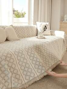 1pc Beige Diamond Pattern Tassel Sofa Cover, Woven Texture Universal Throw Blanket, Machine Washable Sofa Protector, Living Room Decor - Beige - View 1
