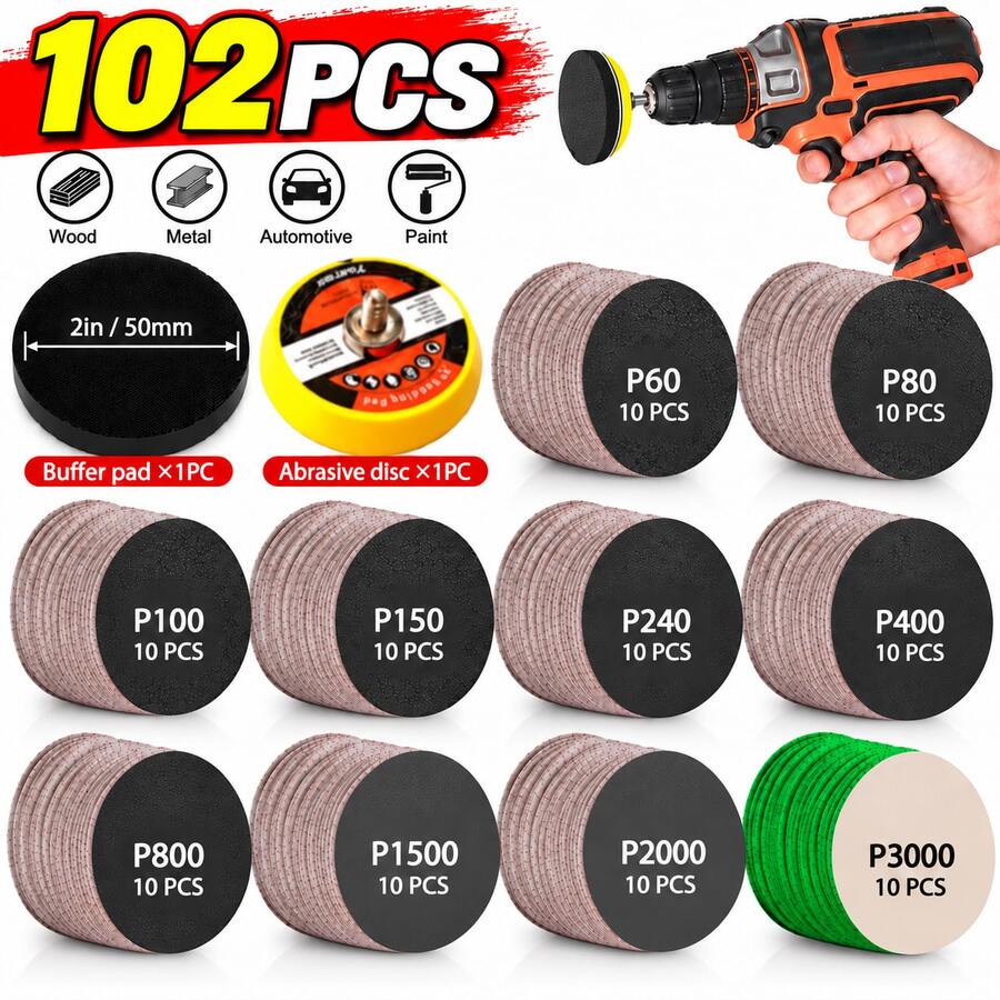 102pcs 2-Inch Rotary Tool Polishing & Grinding Set, Hook & Loop Wet/Dry Sanding Discs With Foam Backing Pad, Backing Plate & Multi-Grit Silicon Carbide Sandpaper, Suitable For Electric Drill, Grinder, Metal, Wood, Glass & Car Detailing - Black - View 1