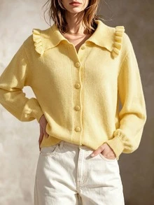 Cardigan Rajut Wanita, Kerah Ruffle Longgar Model Lentera Lengan Panjang dengan Kancing Depan Berlapis Kain, Jaket Kasual Rajut Lembut untuk Musim Gugur - Kuning - View 3