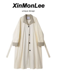 Premium Navy Plaid Patchwork Long Trench Coat Jacket With Pockets, Long Sleeves, For Evening Date, College, Daily Wear, Spring And Autumn - White - View 1